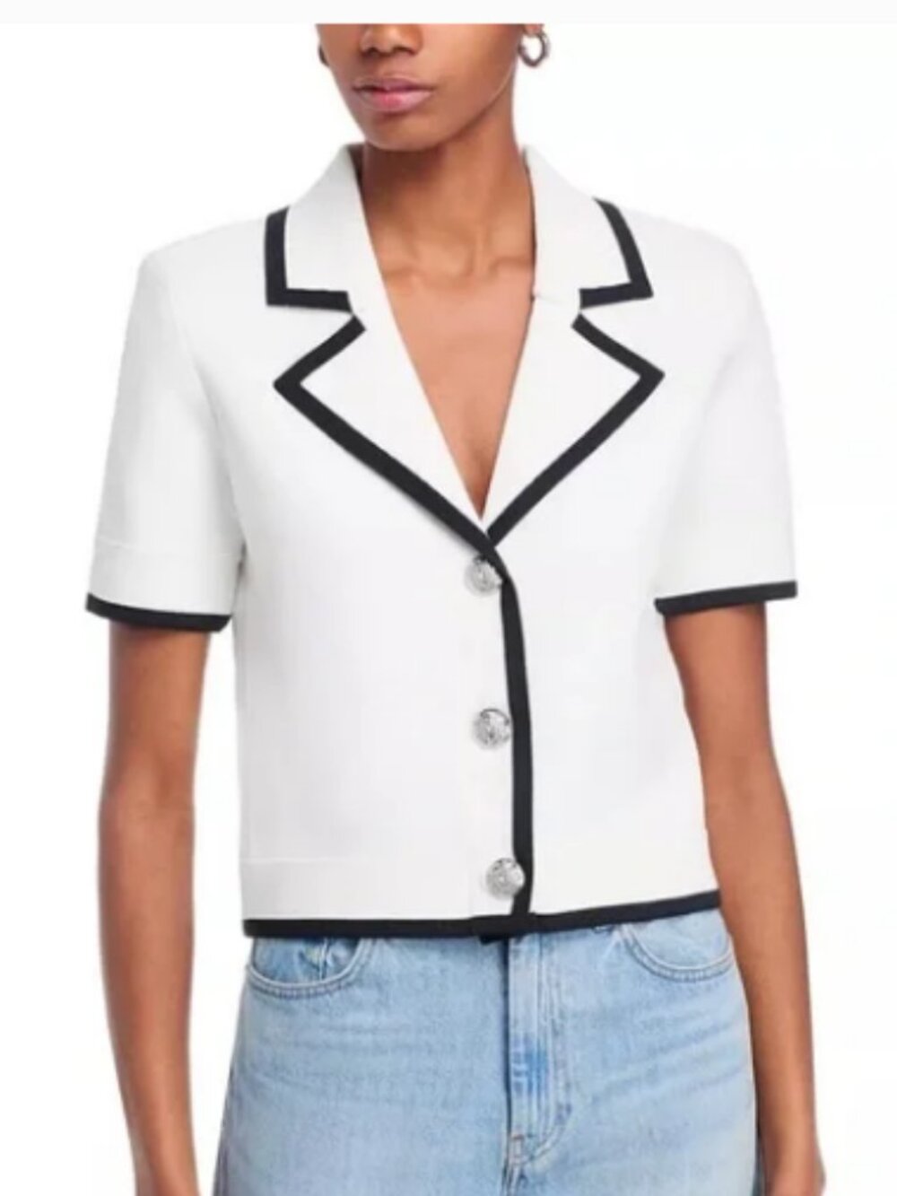 Veronica Beard Stovall Contrast Detail Knit crop white  jacket